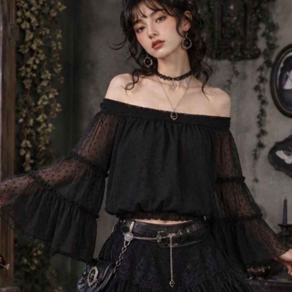 Whimsigoth Off The Shoulder Top Flared Bell Sleeve Women's Shirts Blouses Small
